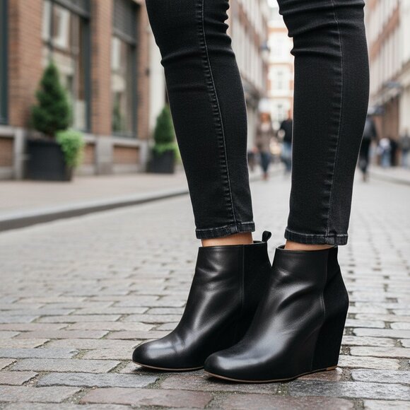 Celine Booties Black Leather & Suede Wedge Ankle Boots Sz 37 - Picture 2 of 14